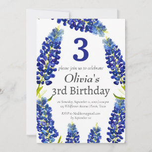 Bluebonnets 3rd Third Birthday Blue Floral  Invitation