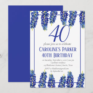 Bluebonnets 40th Birthday Blue Floral Texas Invitation
