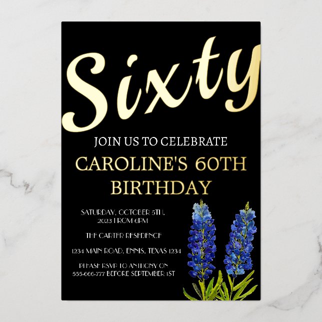 Bluebonnets 60th Birthday Blue Gold Chic Glam (Front)