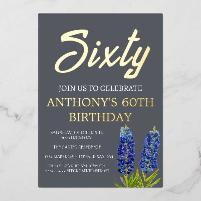 Bluebonnets 60th Birthday Navy Blue Gold Texas (Front)