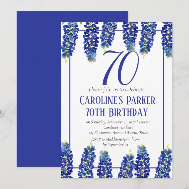 Bluebonnets 70th Birthday Blue Floral Texas Invitation (Front/Back)