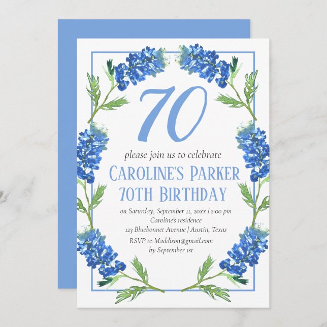 Bluebonnets 70th Birthday Blue Floral Texas Invitation (Front/Back)