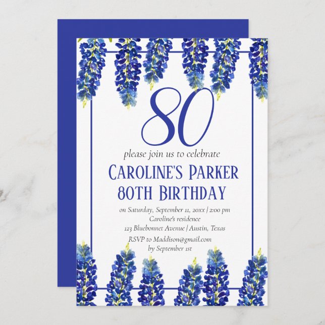 Bluebonnets 80th Birthday Blue Floral Texas Invitation (Front/Back)