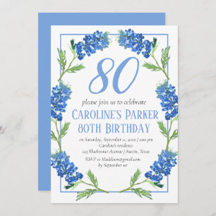 Bluebonnets 80th Birthday Blue Floral Texas Invitation