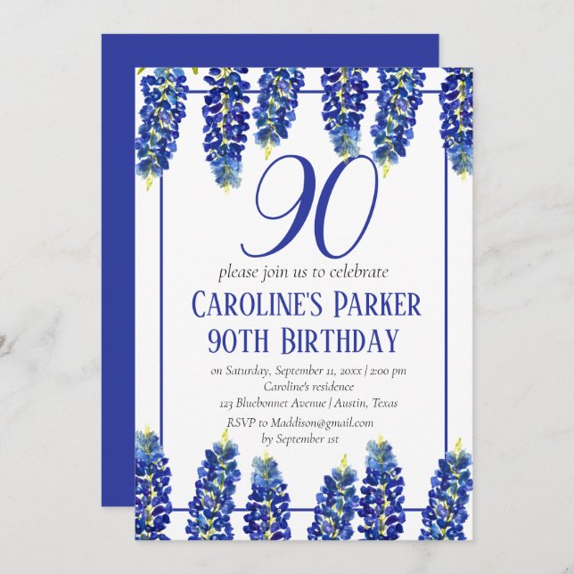 Bluebonnets 90th Birthday Blue Floral Texas Invitation (Front/Back)