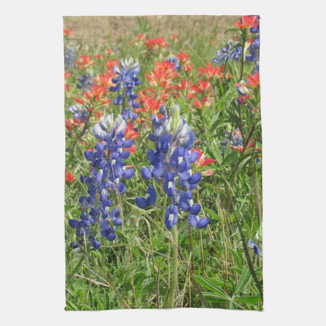 Bluebonnets and Indian Paintbrushes Tea Towel (Vertical)