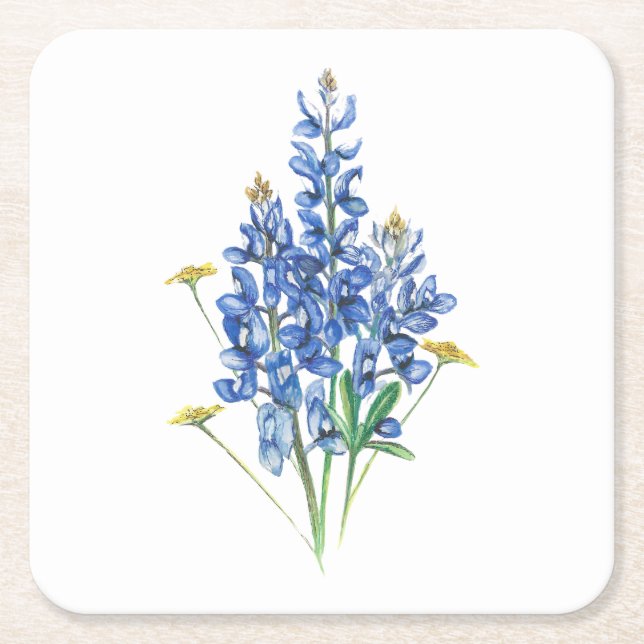 Bluebonnets and Wildflowers Square Paper Coaster (Front)