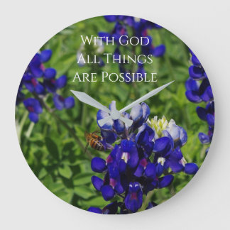 Bluebonnets & Bee w/ God All Things Are Possible  Large Clock