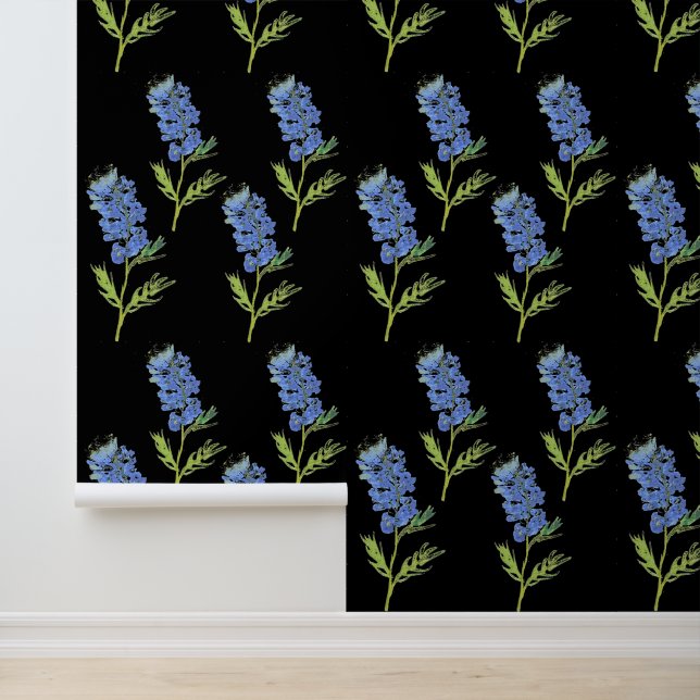 Bluebonnets Blue Black Floral Watercolor Pattern  Wallpaper (Application)
