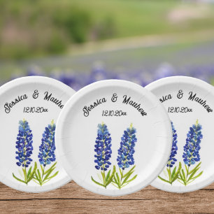 Bluebonnets Blue floral Boho Watercolor Weddings Paper Plate