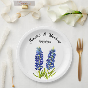 Bluebonnets Blue floral Boho Watercolor Weddings Paper Plate