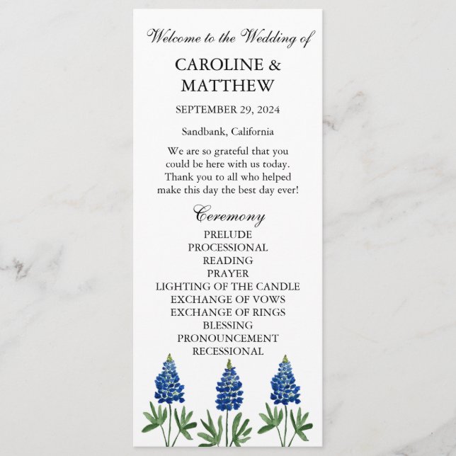Bluebonnets Blue Floral Elegant Modern Wedding  Programme (Front)