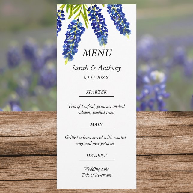 Bluebonnets Blue Floral Watercolor Wedding Food  Menu (Creator Uploaded)