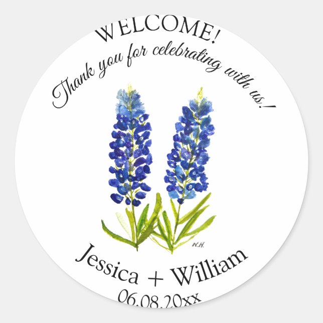 Bluebonnets Bride and Groom Rustic Modern Wedding Classic Round Sticker (Front)