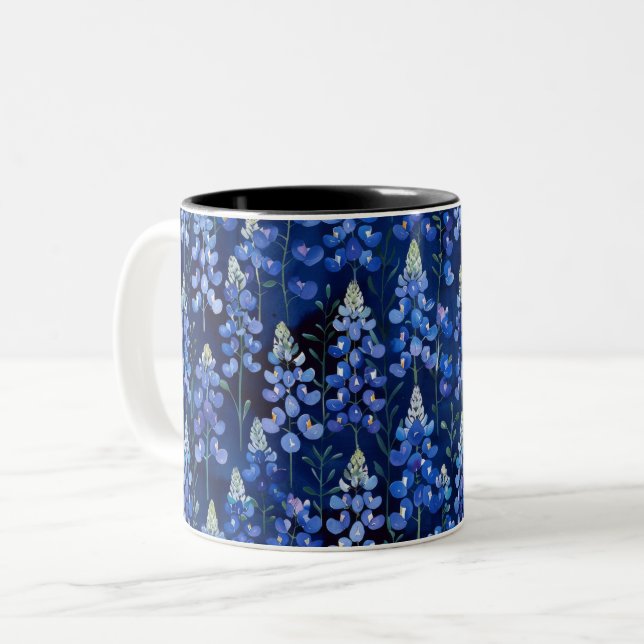 Bluebonnets - Dark Blue Texas Flowers Two-Tone Coffee Mug (Front Left)