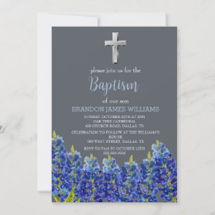 Bluebonnets Floral Dusty Blue Cross Baptism Invitation