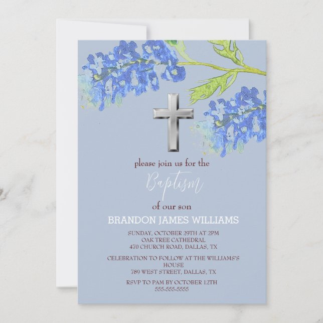 Bluebonnets Floral Dusty Blue Cross Baptism  Invitation (Front)