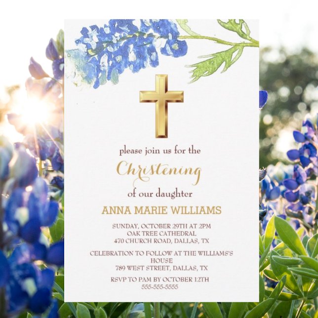 Bluebonnets Floral Gold Wildflower Cross Baptism  Invitation (Creator Uploaded)