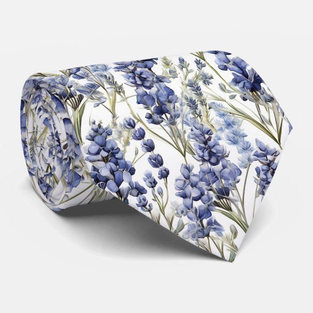 Bluebonnets Flowers Blue Watercolor Wildflowers Tie (Rolled)