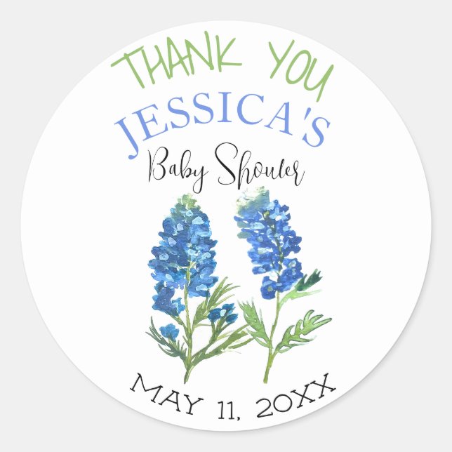 Bluebonnets Flowers Texas Baby Shower Girl Classic Round Sticker (Front)