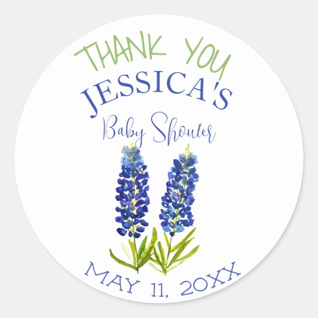 Bluebonnets Flowers Texas Baby Shower Girl Classic Round Sticker (Front)