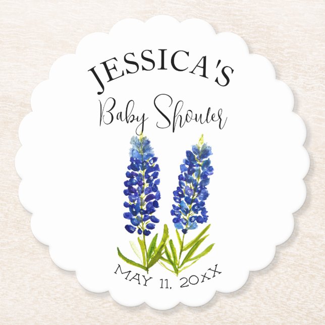 Bluebonnets Flowers Texas Baby Shower Girl Paper Coaster (Front)