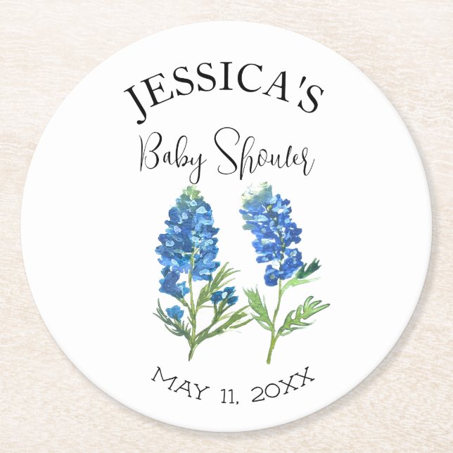 Bluebonnets Flowers Texas Baby Shower Girl Round Paper Coaster (Front)