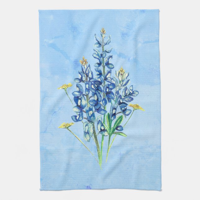 Bluebonnets on Blue Background Tea Towel (Vertical)