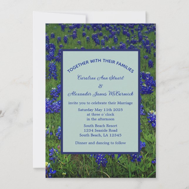 Bluebonnets Texas Blue Floral Elegant Wedding Invitation (Front)
