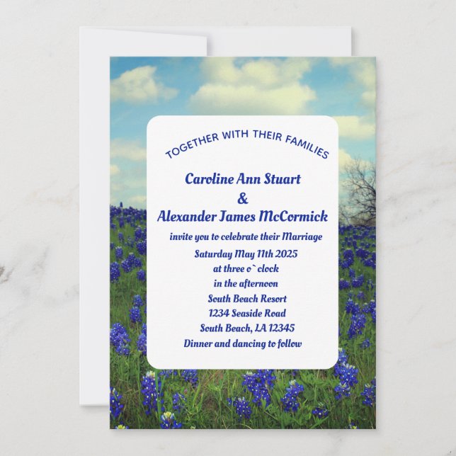 Bluebonnets Texas Blue Floral Elegant Wedding Invitation (Front)