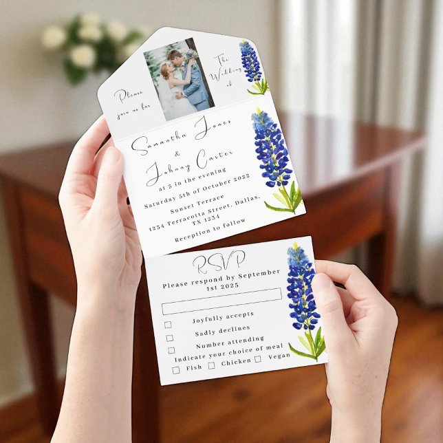 Bluebonnets Texas Blue Floral Photo Wedding All In One Invitation (Creator Uploaded)