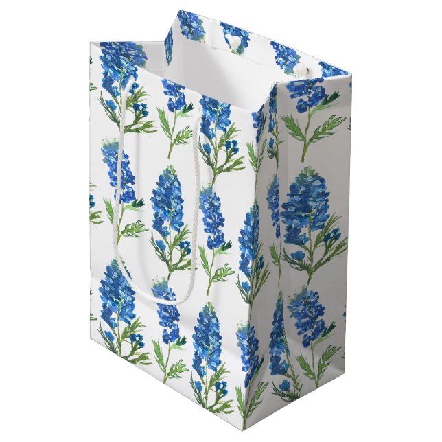 Bluebonnets Texas Blue Flowers Watercolor Medium Gift Bag (Front Angled)