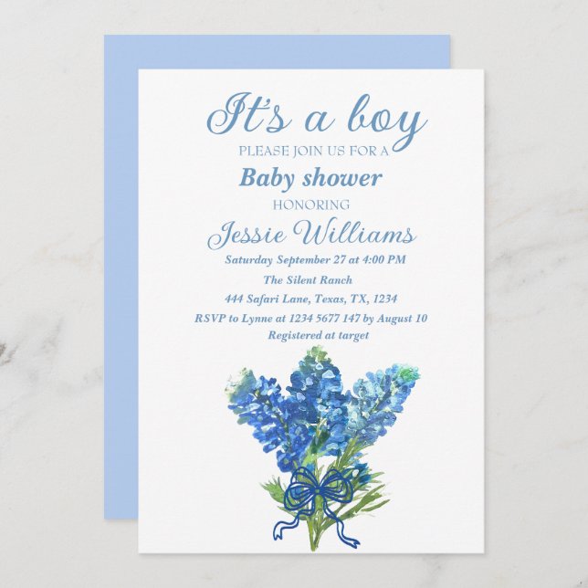 Bluebonnets Texas Floral Blue Bow Baby boy shower  Invitation (Front/Back)
