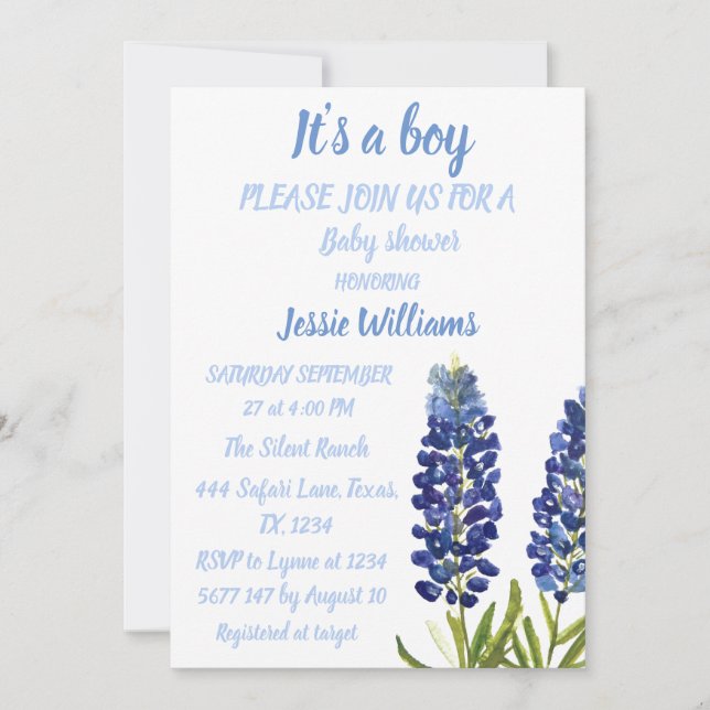 Bluebonnets Texas Floral Rustic Baby boy shower  Invitation (Front)