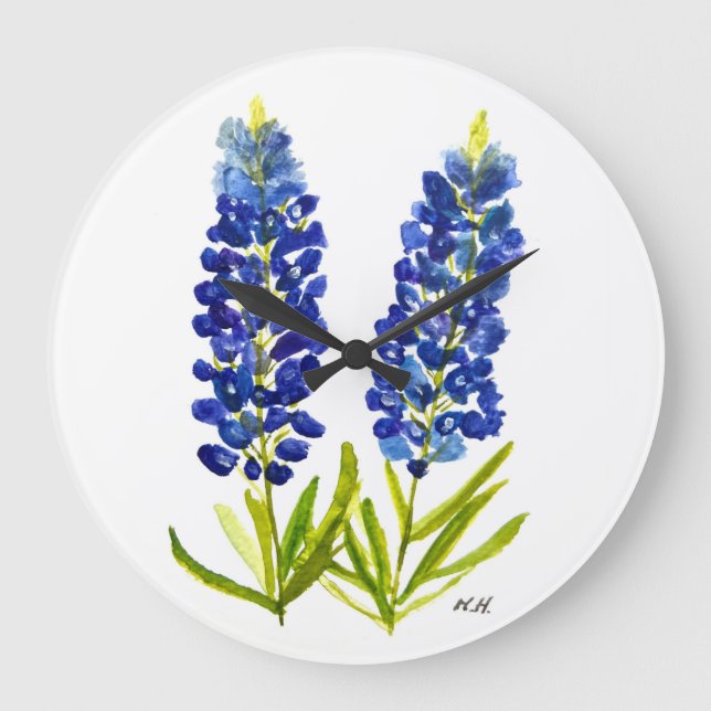 Bluebonnets Texas State Flowers Lupine Watercolor Large Clock (Front)