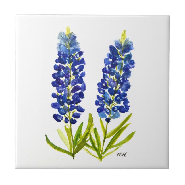 Bluebonnets Texas State Flowers Lupine Watercolor  Tile (Front)