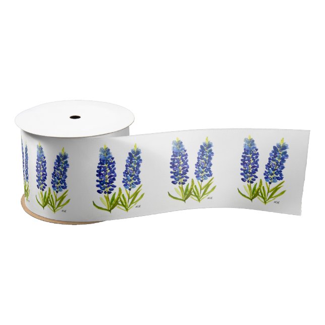 Bluebonnets Texas State Flowers Pattern Watercolor Satin Ribbon (Spool)