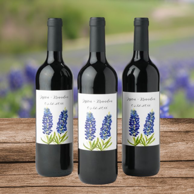 Bluebonnets Watercolor Blue Flower Floral Wedding Wine Label (Creator Uploaded)