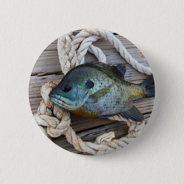 Bluegill fish on dock and rope 6 cm round badge (Front)