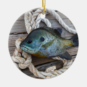 Bluegill fish on dock and rope ceramic tree decoration