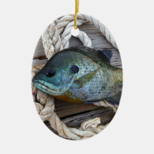 Bluegill fish on dock and rope ceramic tree decoration