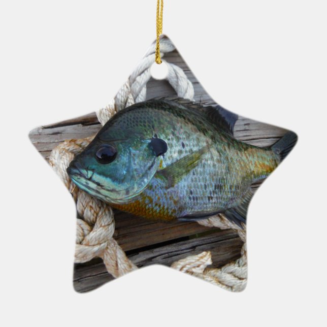 Bluegill fish on dock and rope ceramic tree decoration (Front)
