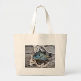 Bluegill fish on dock and rope large tote bag
