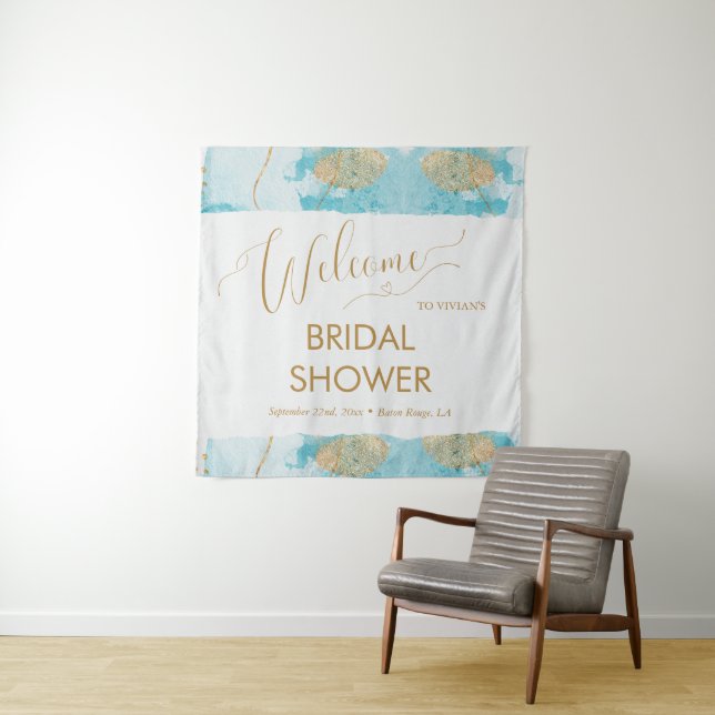 BlueGolden Lake Watercolor Bridal Shower Welcome Tapestry (In Situ)
