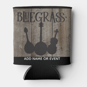 Bluegrass Music Instruments on Rustic Wood Can Cooler
