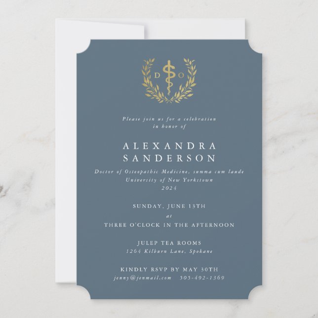BlueGray/Gold Doctor of Osteopathic Medicine Grad Invitation (Front)