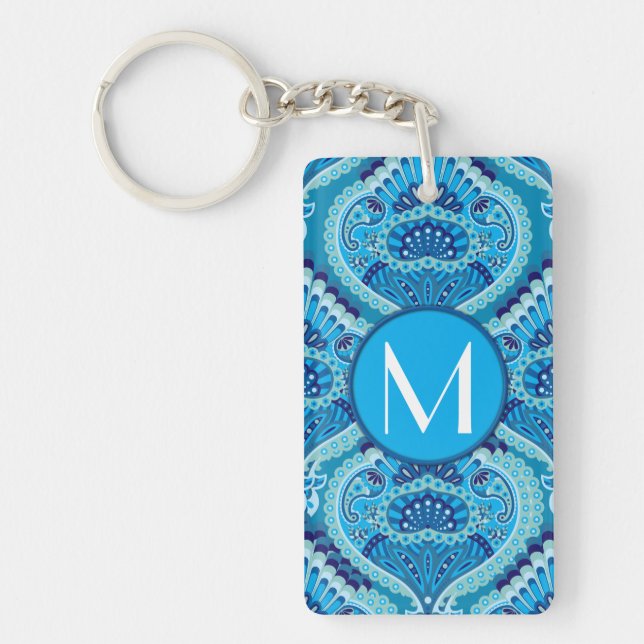 Blueish - Feathered Paisley Key Ring (Front)
