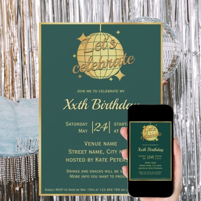 Blueish green gold disco ball birthday party  invitation (Creator Uploaded)