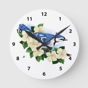 Bluejay and Dogwood Flower Round Clock
