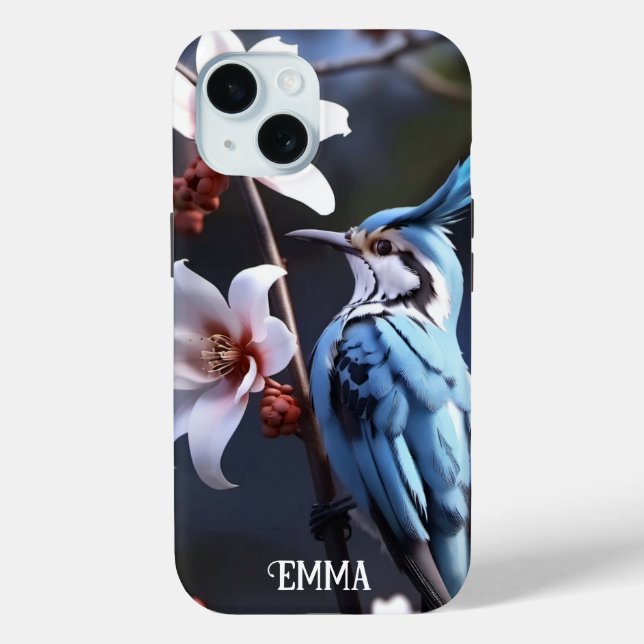 Bluejay and Flowers Custom Name Case-Mate iPhone Case (Back)